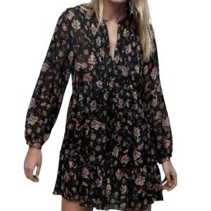 Zara NWT Black With Tan Flowers Long Puffed Sleeved Short Dress Lined Size Small